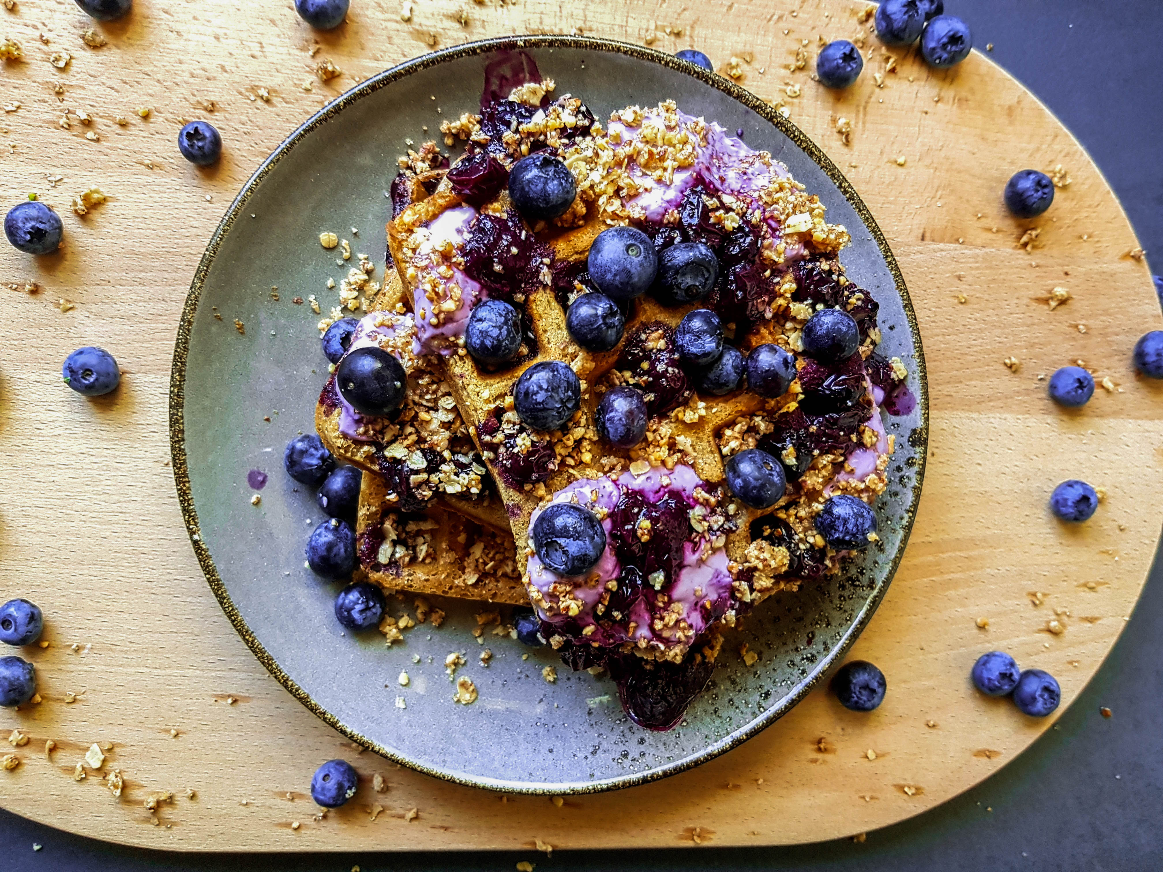 blueberry cream cheese waflles with a crumble topping