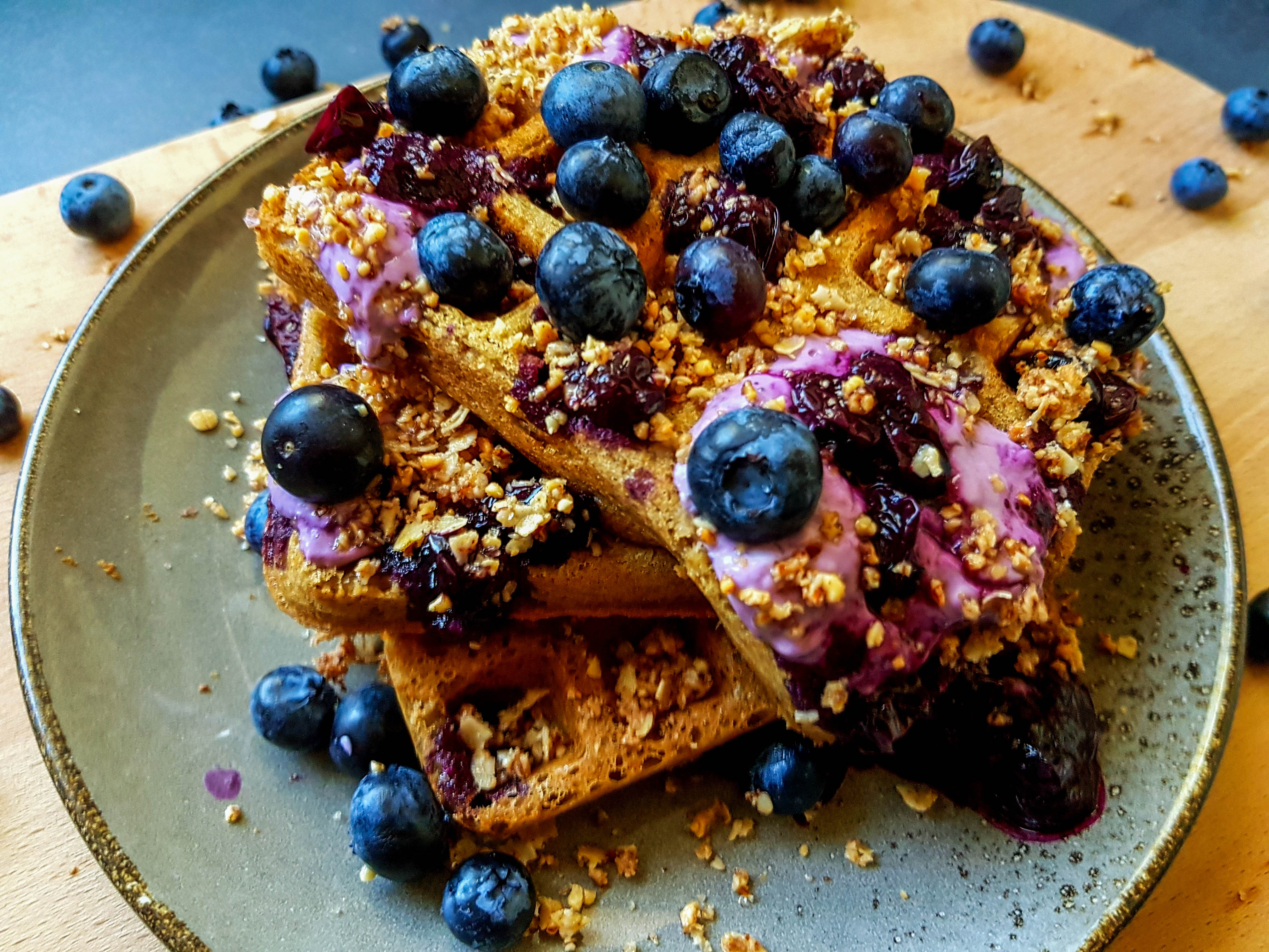 blueberry cream cheese waffles with a crumble topping